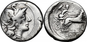 Anonymous. AR Denarius, circa 157-156 BC. Obv. Helmeted head of Roma right. Rev. Victory in biga right; holding reins in left hand and goad in right. ...