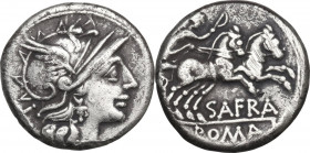 Spurius Afranius. AR Denarius, 150 BC. Obv. Head of Roma right, helmeted. Rev. Victory in biga right, holding whip and reins. Cr. 206/1. AR. 3.69 g. 1...