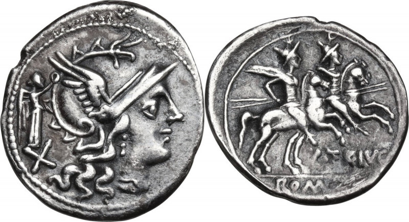 C. Terentius Lucanus. AR Denarius, 147 BC. Obv. Head of Roma right, helmeted; be...