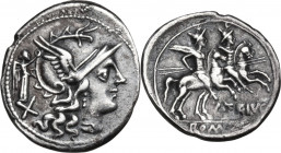 C. Terentius Lucanus. AR Denarius, 147 BC. Obv. Head of Roma right, helmeted; behind, Victory. Rev. Dioscuri galloping right. Cr. 217/1. AR. 3.17 g. 2...