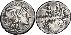 C. Antestius. AR Denarius, 146 BC. Obv. Head of Roma right, helmeted. Rev. Dioscuri galopping right; below, dog. Cr. 219/1d. AR. 3.62 g. 18.00 mm. Ton...