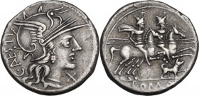C. Antestius. AR Denarius, 146 BC. Obv. Helmeted head of Roma right. Rev. The Dioscuri galloping right; below, dog. Cr. 219/1e; B. 1. AR. 3.88 g. 19.0...