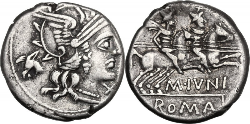M. Iunius Silanus. AR Denarius, 145 BC. Obv. Helmeted head of Roma right; behind...