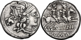 M. Iunius Silanus. AR Denarius, 145 BC. Obv. Helmeted head of Roma right; behind, ass's head. Rev. The Dioscuri galloping right; below horses, M. IVNI...