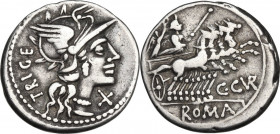 C. Curiatius Trigeminus. AR Denarius, 142 BC. Obv. Head of Roma right, helmeted. Rev. Juno in quadriga right, holding scepter, crowned by Victory stan...