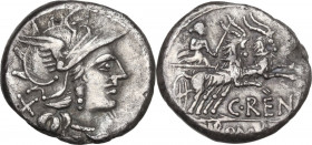 C. Renius. AR Denarius, 138 BC. Obv. Head of Roma right, helmeted. Rev. Juno Sospita in biga of goats right, holding reins, scepter and whip. Cr. 231/...