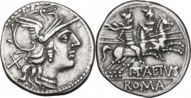 P. Aelius Paetus. AR Denarius, 138 BC. Obv. Head of Roma right, helmeted. Rev. Dioscuri galloping right. Cr. 233/1. AR. 3.64 g. 21.00 mm. Brilliant an...