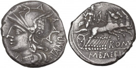 M. Baebius Q. f. Tampilius. AR Denarius, 137 BC. Obv. Head of Roma left, helmeted. Rev. Apollo in quadriga right, holding bow, arrow, branch and reins...