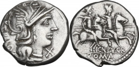 Cn. Lucretius Trio. AR Denarius, 136 BC. Obv. Head of Roma right, helmeted. Rev. The Dioscuri galopping right. Cr. 237/1. AR. 3.86 g. 17.00 mm. Good V...