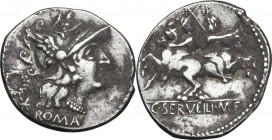 C. Servilius. AR Denarius, 136 BC. Obv. Head of Roma right, helmeted. Rev. The Dioscuri riding in opposite directions. Cr. 239/1. AR. 3.42 g. 20.00 mm...
