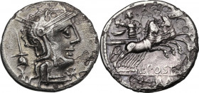 L. Postumius Albinus. AR Denarius, 131 BC. Obv. Helmeted head of Roma right; behind, apex. Rev. Mars in quadriga right, holding spear, shield and trop...