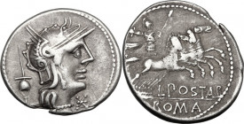 L. Postumius Albinus. AR Denarius, 131 BC. Obv. Helmeted head of Roma right; behind, apex. Rev. Mars in quadriga right, holding spear, shield and trop...