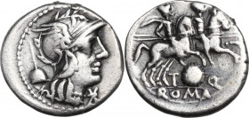 T. Quinctius Flamininus. AR Denarius, 126 BC. Obv. Head of Roma right, helmeted. Rev. Dioscuri galloping right; below, Macedonian shield. Cr. 267/1. A...