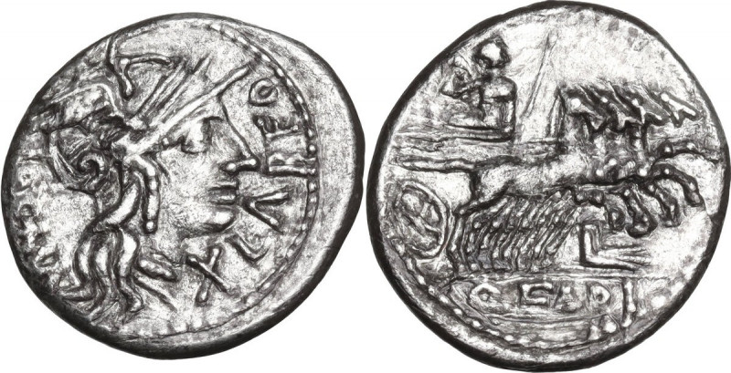 Q. Fabius Labeo. AR Denarius, 124 BC. Obv. Head of Roma right, helmeted. Rev. Ju...