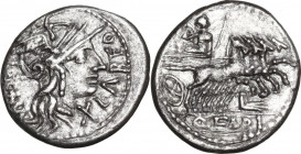 Q. Fabius Labeo. AR Denarius, 124 BC. Obv. Head of Roma right, helmeted. Rev. Jupiter in quadriga right, hurling thunderbolt and holding reins and sce...