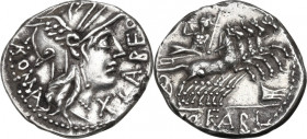 Q. Fabius Labeo. AR Denarius, 124 BC. Obv. Head of Roma right, helmeted. Rev. Jupiter in quadriga right, hurling thunderbolt and holding reins and sce...