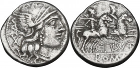 C. Plutius. AR Denarius, 121 BC. Obv. Head of Roma right, helmeted. Rev. Dioscuri galopping right. Cr. 278/1. AR. 3.80 g. 18.00 mm. VF.