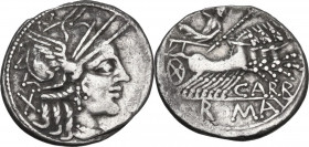 Cn. Papirius Carbo. AR Denarius, 90 BC. Obv. Head of Roma right, helmeted. Rev. Jupiter in quadriga right, hurtling thunderbolt and holding sceptre. C...