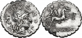 Cn. Domitius Ahenobarbus, L. Licinius Crassus, L. Pomponius. Fourée Denarius serratus, 118 BC. Obv. Head of Roma right, helmeted. Rev. Gaulish warrior...