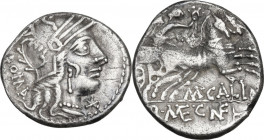 M. Calidius. AR Denarius, 117-116 BC. Obv. Head of Roma right, helmeted. Rev. Victory in biga right, holding wreath and reins. Cr. 284/1. AR. 3.77 g. ...