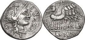 Q. Curtius and M. Silanus. AR Denarius, 116-115 BC. Obv. Head of Roma right, helmeted. Rev. Jupiter in quadriga right, hurling thunderbolt and holding...