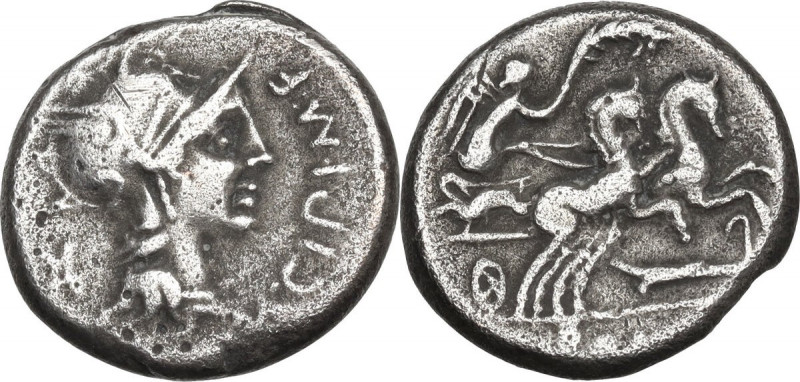 M. Cipius M. f. AR Denarius, 115-114 BC. Obv. Head of Roma right, helmeted. Rev....