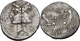 C. Fonteius. AR Denarius, 114-113 BC. Obv. Janifrom heads of the Dioscuri, laureate. Rev. Galley left with rudderers and steersman. Cr. 290/1. AR. 3.7...