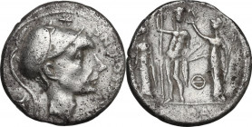 Cn. Cornelius Blasio. AR Denarius, 112-111 BC. Obv. Head of Mars right, helmeted. Rev. Juno, holding scepter, Jupiter, holding scepter and thunderbolt...