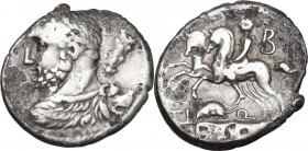 Ti. Quinctius. AR Denarius, 112-111 BC. Obv. Bust of Hercules left, seen from behind, wearing lion's skin and holing club. Rev. Desultor left; below, ...