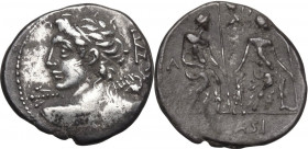 L. Caesius. AR Denarius, 112-111 BC. Obv. Bust of Apollo left, seen from behind, hurling thunderbolt. Rev. Lares praestites seated facing, holding sta...