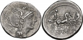 Appius Claudius Pulcher, T. Manlius Mancinus and Q. Urbinius. AR Denarius, 111-110 BC. Obv. Head of Roma right, helmeted. Rev. Victory in triga right,...