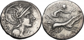 L. Flaminius Chilo. AR Denarius, 109-108 BC. Obv. Head of Roma right, helmeted. Rev. Victory in biga right, holding reins and whip. Cr. 302/1. AR. 3.9...