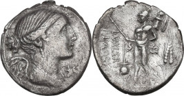 L. Valerius Flaccus. AR Denarius, 108-107 BC. Obv. Bust of Victory right, draped. Rev. Mars advancing left, holding spear and carrying trophy; before,...