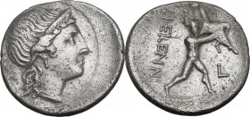 M. Herennius. AR Denarius, 108-107 BC. Obv. Head of Pietas right, diademed. Rev. One of the Catanean brothers carrying his father in his shoulders rig...