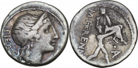 M. Herennius. AR Denarius, 108-107 BC. Obv. Head of Pietas right, diademed. Rev. One of the Catanian brothers carrying his father on his shoulder righ...