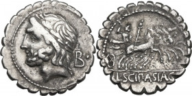 L. Cornelius Scipio Asiagenus. AR Denarius serratus, 106 BC. Obv. Head of Jupiter left, laureate; behind, B and dot. Rev. Jupiter in quadriga right, h...