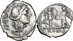 C. Egnatuleius C.f. AR Quinarius, 97 BC. Obv. Head of Apollo right, laureate. Rev. Victory standing left, inscribing shield attached to trophy. Cr. 33...