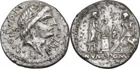 L. Pomponius Molo. AR Denarius, 97 BC. Obv. Head of Apollo right, laureate. Rev. Numa Pompilius standing right, holding lituus; before, lighted altar ...