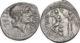 L. Caecilius Metellus and C. Publicius Malleolus. AR Denarius, 96 BC. Obv. Head of Apollo right, laureate. Rev. Roma seated left, holding sceptre and ...