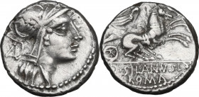 D. Junius Silanus. AR Denarius, 91 BC. Obv. Head of Roma right, helmeted. Rev. Victory in biga right, holding reins with both hands. Cr. 337/3. AR. 4....