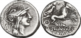 D. Junius Silanus. AR Denarius, 91 BC. Obv. Head of Roma right, helmeted. Rev. Victory in biga right, holding reins with both hands. Cr. 337/3. AR. 3....