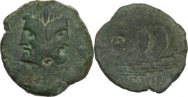 C. Vibius C. f. Pansa. AE As, 90 BC. Obv. Laureate head of Janus. Rev. Three prows right; to right, caps of the Dioscuri. Cr. 342/7. AE. 10.86 g. 26.0...