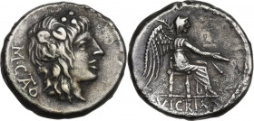 M. Porcius Cato. AR Quinarius, 89 BC. Obv. Head of Liber right, wearing ivy-wreath. Rev. Victory seated right, holding patera and palm. Cr. 343/2a. AR...