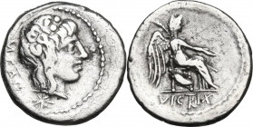 M. Porcius Cato. AR Quinarius, 89 BC. Obv. Head of Liber right, wearing ivy-wreath. Rev. Victory seated right, holding patera and palm. Cr. 343/2b. AR...