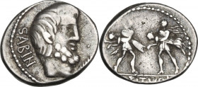 L. Titurius L. f. Sabinus. AR Denarius, 89 BC. Obv. Head of king Tatius right. Rev. Two soldiers, each carrying a Sabine woman. Cr. 344/1. AR. 3.98 g....