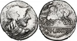 Cn. Cornelius Lentulus Clodianus. AR Denarius, 88 BC. Obv. Bust of Mars right, helmeted, seen from behind, holding spear and sword. Rev. Victory in bi...
