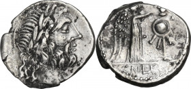 Cn. Cornelius Lentulus Clodianus. AR Quinarius, 88 BC. Obv. Head of Jupiter right, laureate. Rev. Victory standing right, crowning trophy. Cr. 345/2. ...