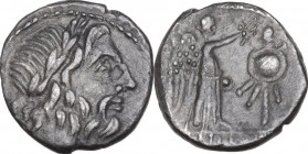 Cn. Cornelius Lentulus Clodianus. AR Quinarius, 88 BC. Obv. Laureate head of Jupiter right. Rev. Victory right, crowning trophy; in exergue, CN. LENT....