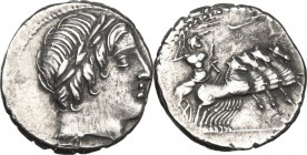 Vergilius, Gargilius and Ogulnius. AR Denarius, 86 BC. Obv. Head of Apollo right, laureate. Rev. Jupiter in quadriga right, hurling thunderbolt and ho...