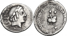 Mn. Fonteius. AR Denarius, 85 BC. Obv. Head of Apollo right, laureate; below neck, thunderbolt. Rev. Infant winged Genius seated on goat right; above,...